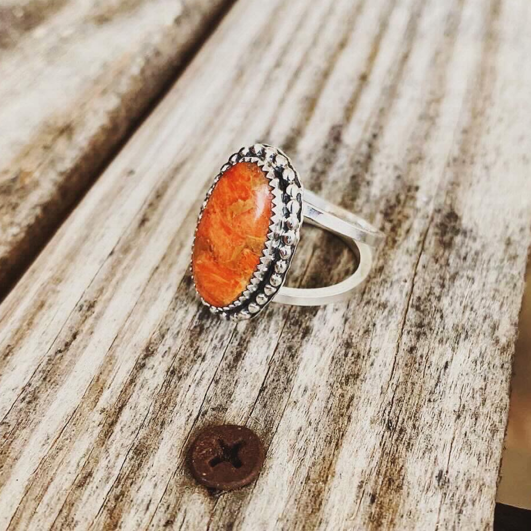 "Okie State" Coral Ring // Size 7.5